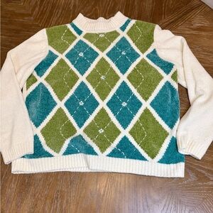Alfred Dunner Argyle Sweater in Cream, Green, and Blue